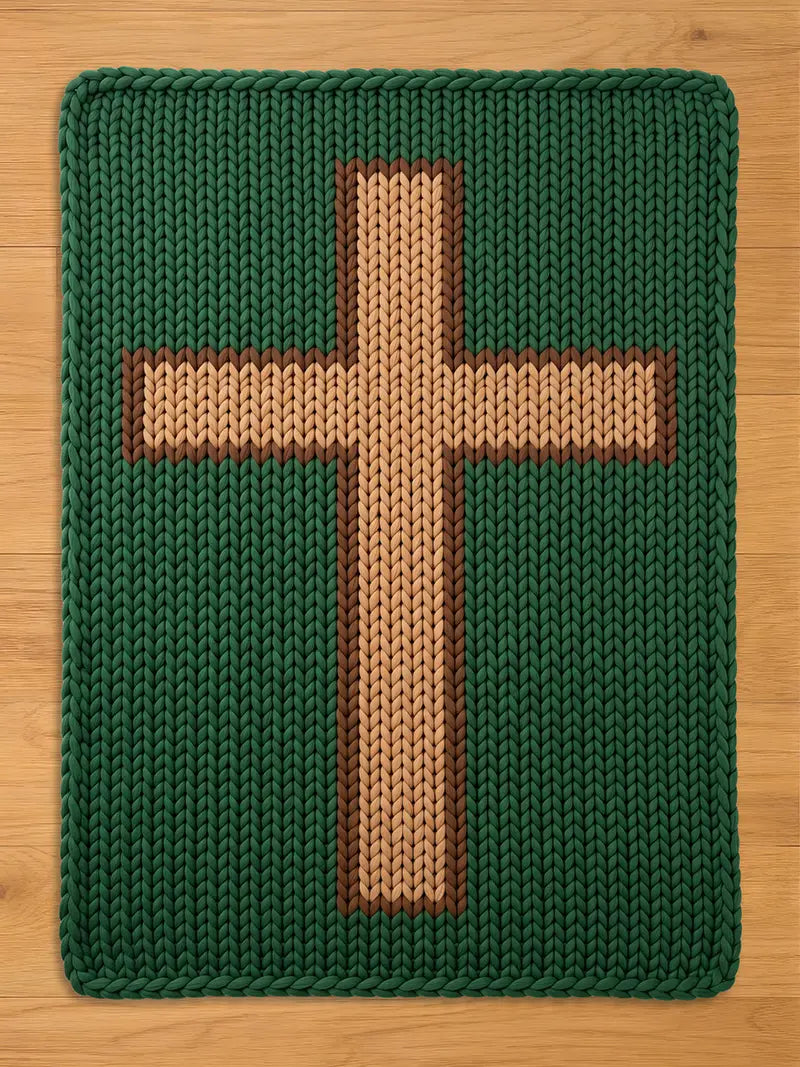A knitted green blanket featuring a large cross design. The cross is tan with a brown border, centered on the blanket. The blanket's texture is visible, with a thick, woven appearance. The overall design is simple and geometric.