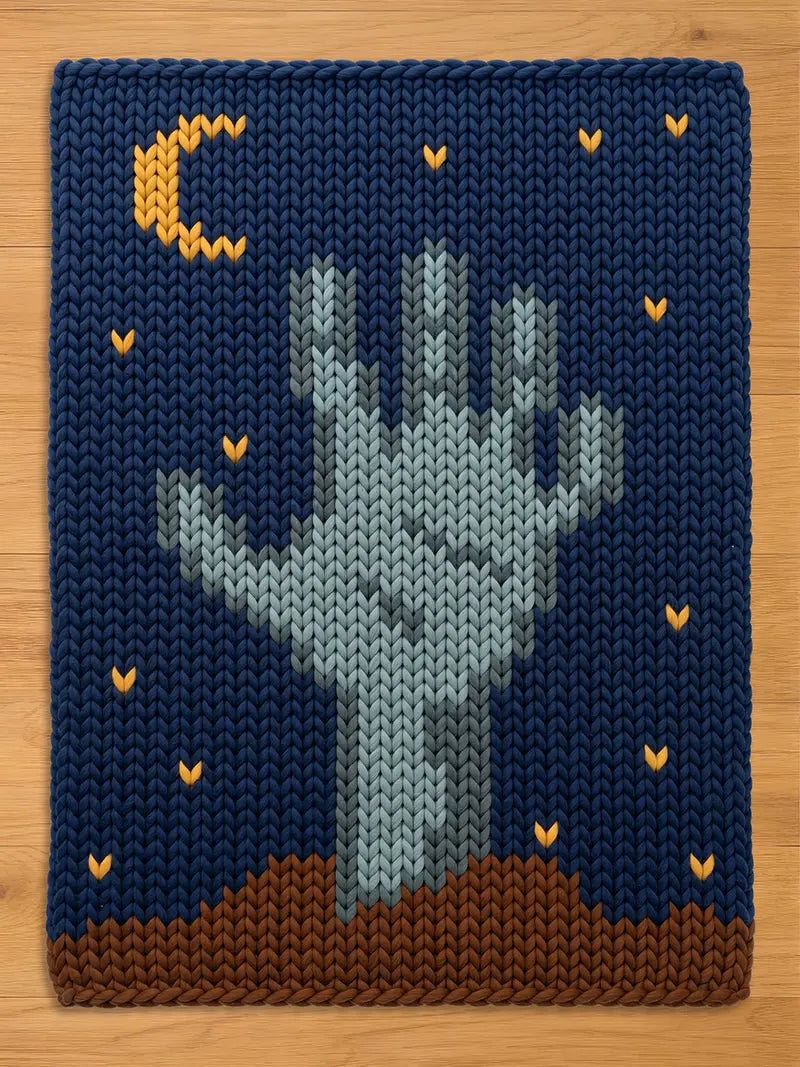 A rectangular knit blanket featuring a dark blue background with a brown earth base at the bottom. A light gray hand emerges from the brown earth. The design includes a yellow crescent moon and small yellow stars scattered throughout.