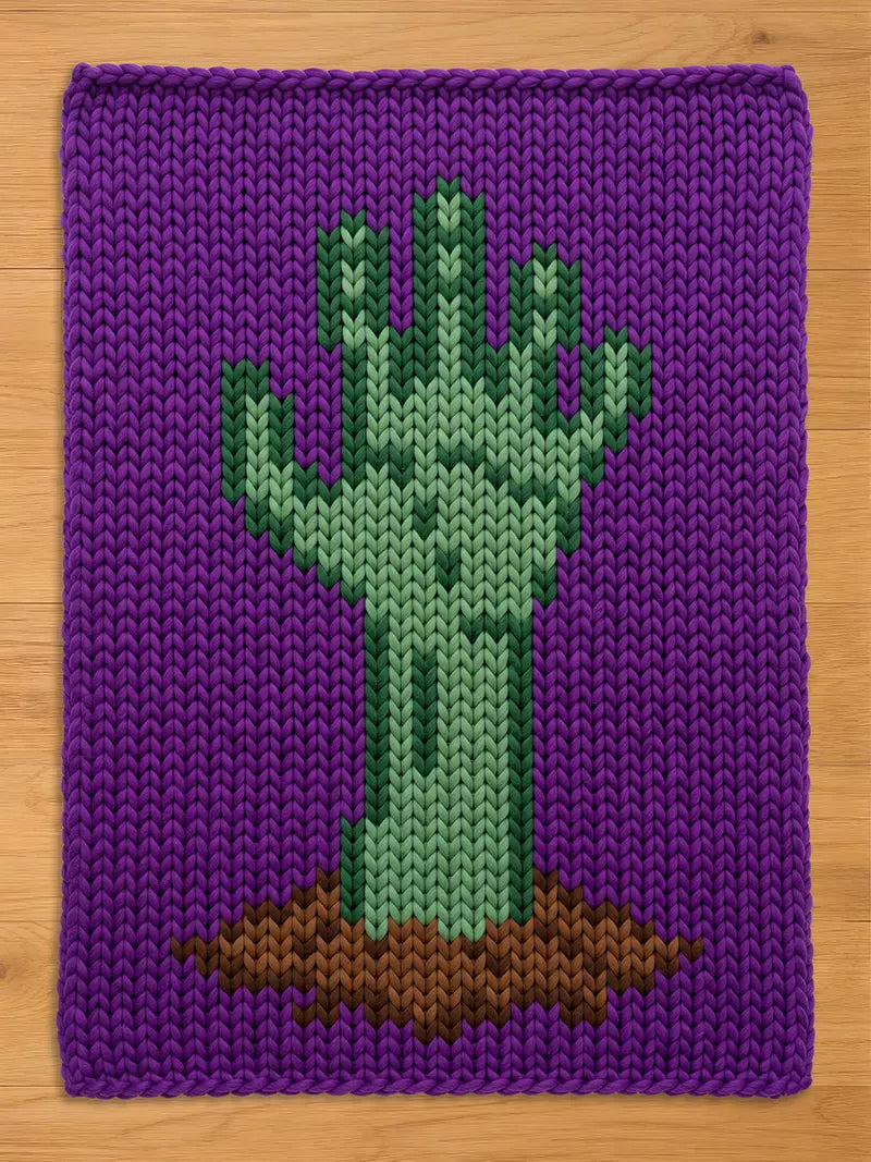 A rectangular purple knitted blanket featuring a central graphic of a green hand emerging from a patch of brown soil. The hand is depicted in varying shades of green, with a distinct thumb and four fingers reaching upward.