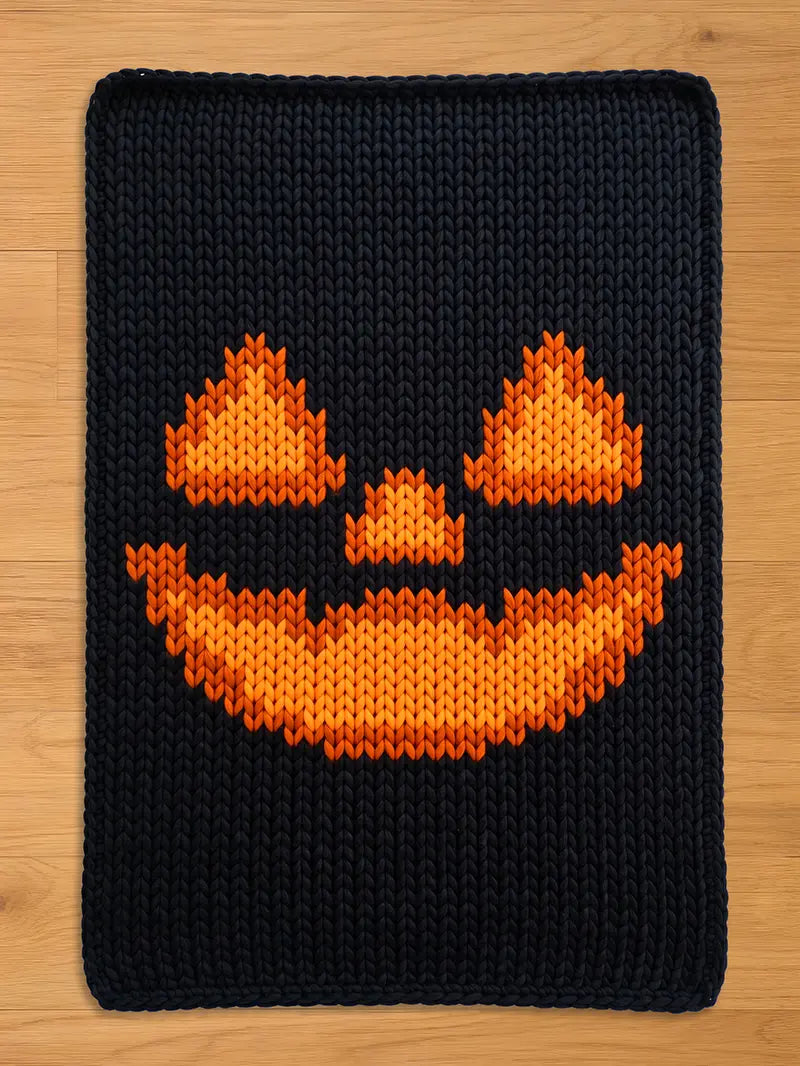 A black chunky knit blanket featuring a vibrant orange knitted jack-o'-lantern face with triangular eyes, a nose, and a wide, jagged smile